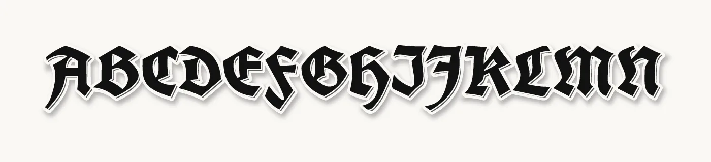 Letras góticas estilo old english en negro: mayúsculas de la A a la N