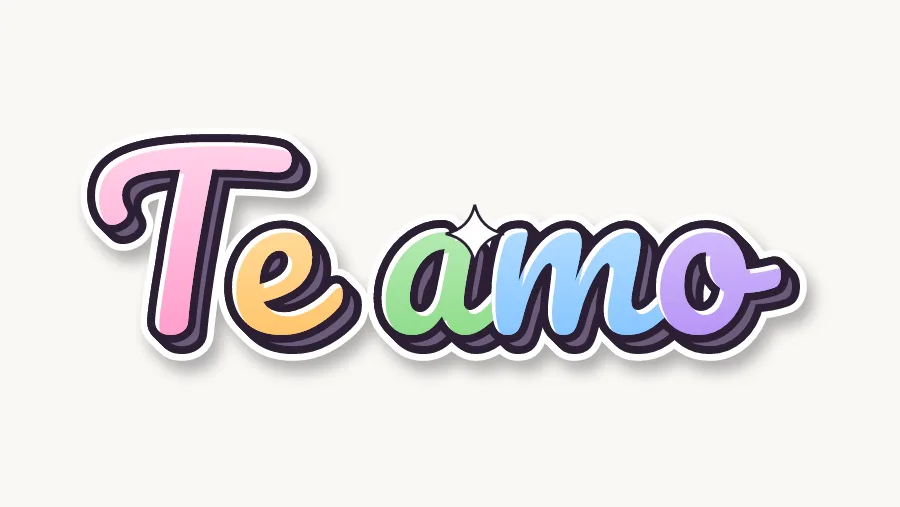 Te amo en letras cursivas, cada letra de un color pastel distinto