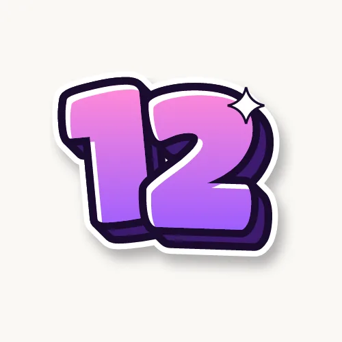 12 in pink and purple bubble numbers with a 3D shadow