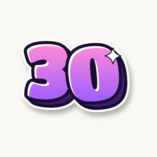 30 in pink and purple bubble numbers with a 3D shadow