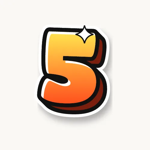 Bubble number 5 in yellow and orange with a black outline and 3D shadow
