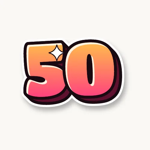 50 in orange and pink bubble numbers with a 3D shadow