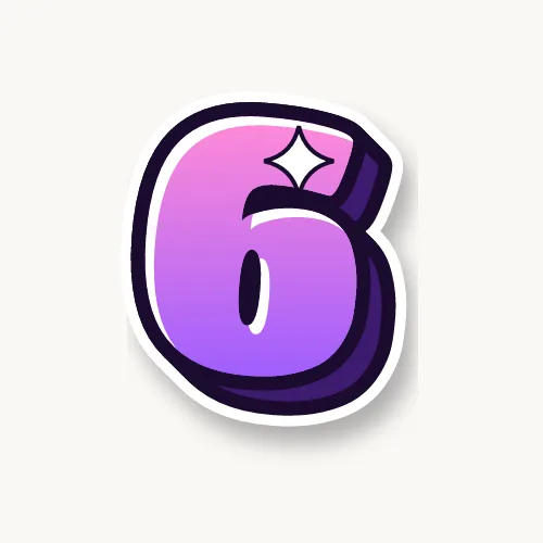Bubble number 6 in pink and purple with a black outline and 3D shadow