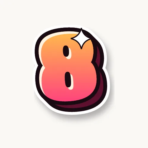 Bubble number 8 in orange and pink with a black outline and 3D shadow