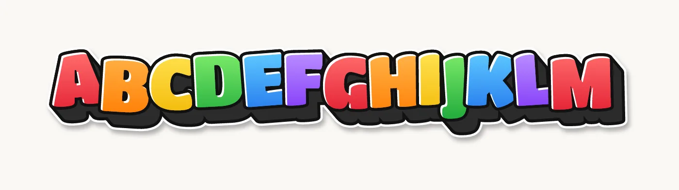 3D bubble letters alphabet A to M in rainbow colors with a deep dark block below and to the right
