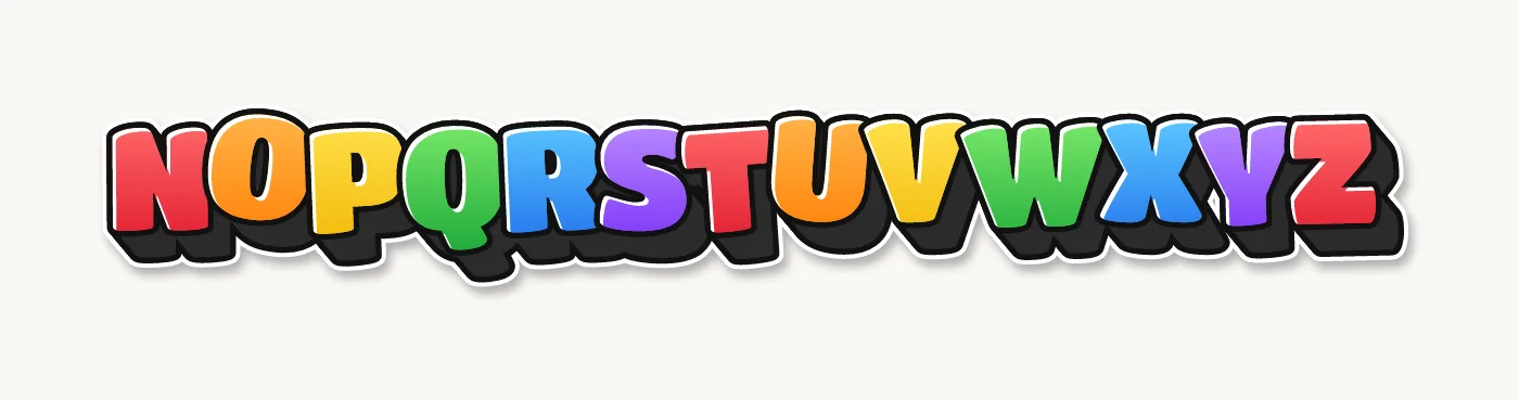 3D bubble letters alphabet N to Z in rainbow colors with a deep 3D block