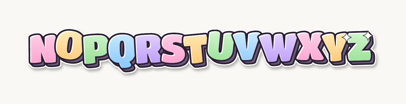 Cute bubble letters alphabet N to Z in pastel colors with bouncy letters and sparkles