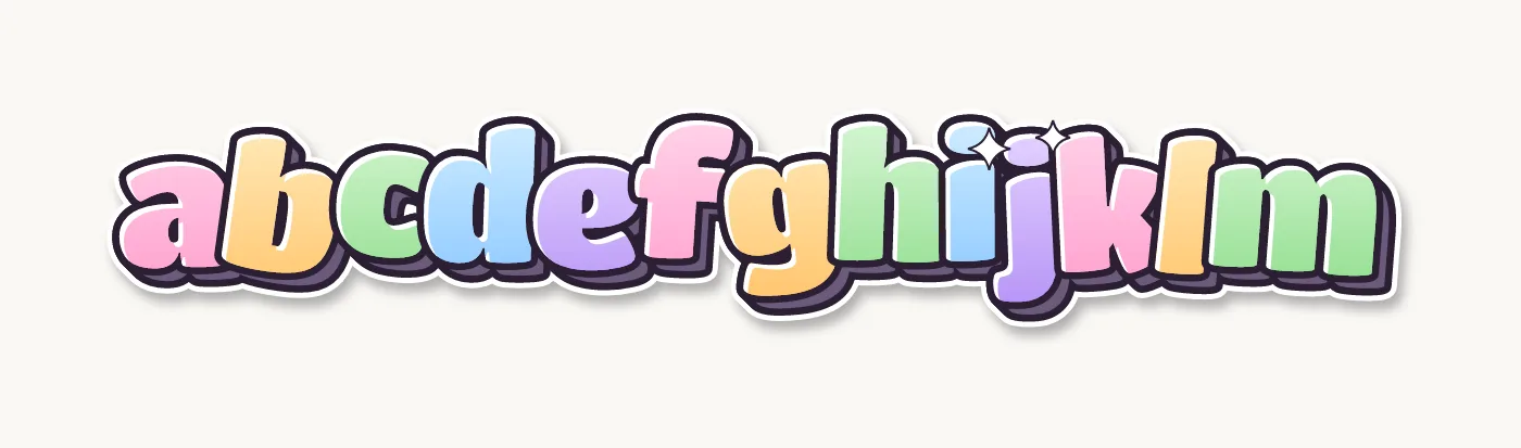 Cute lowercase bubble letters a to m in pastel colors