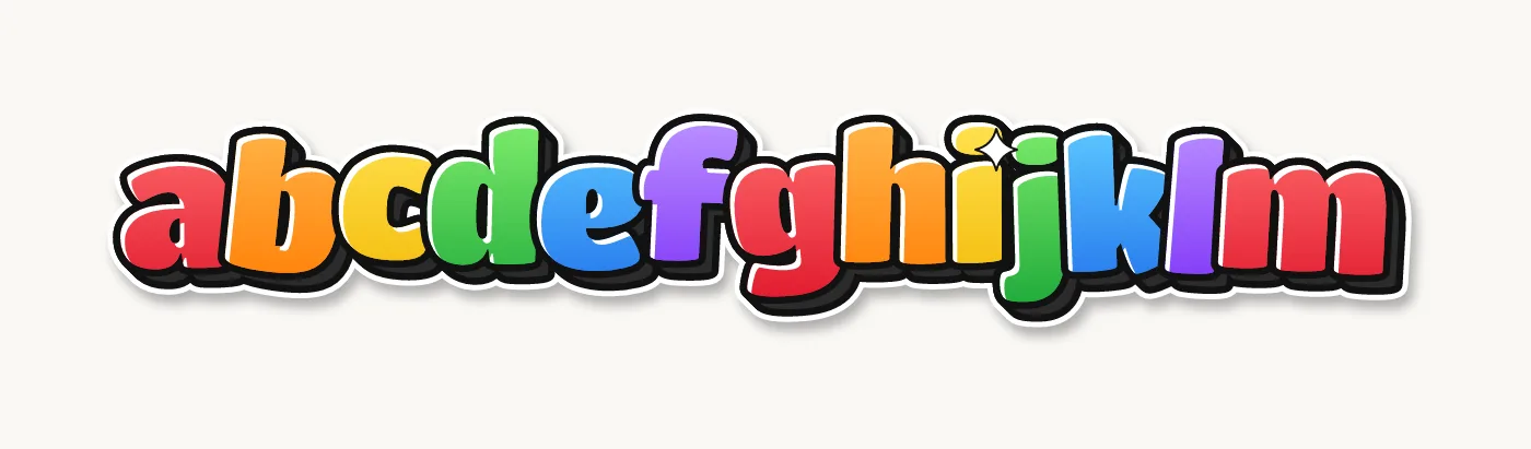 Lowercase bubble letters alphabet a to m in rainbow colors
