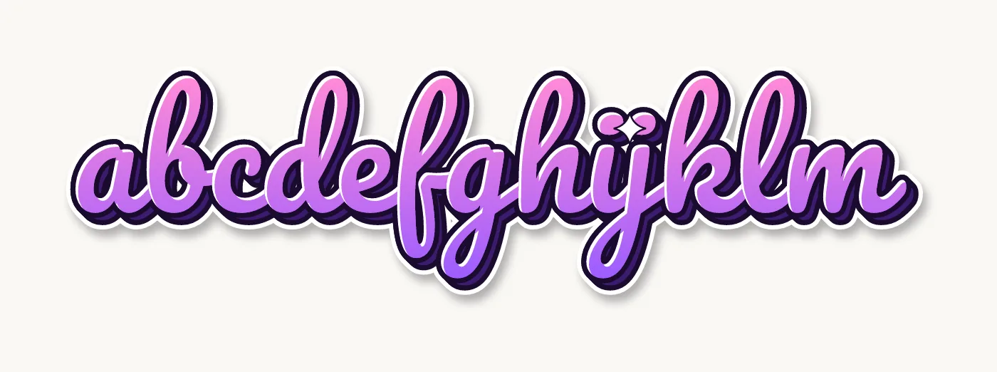 Cursive bubble letters lowercase alphabet a to m, joined script with a pink to purple fill and one outline