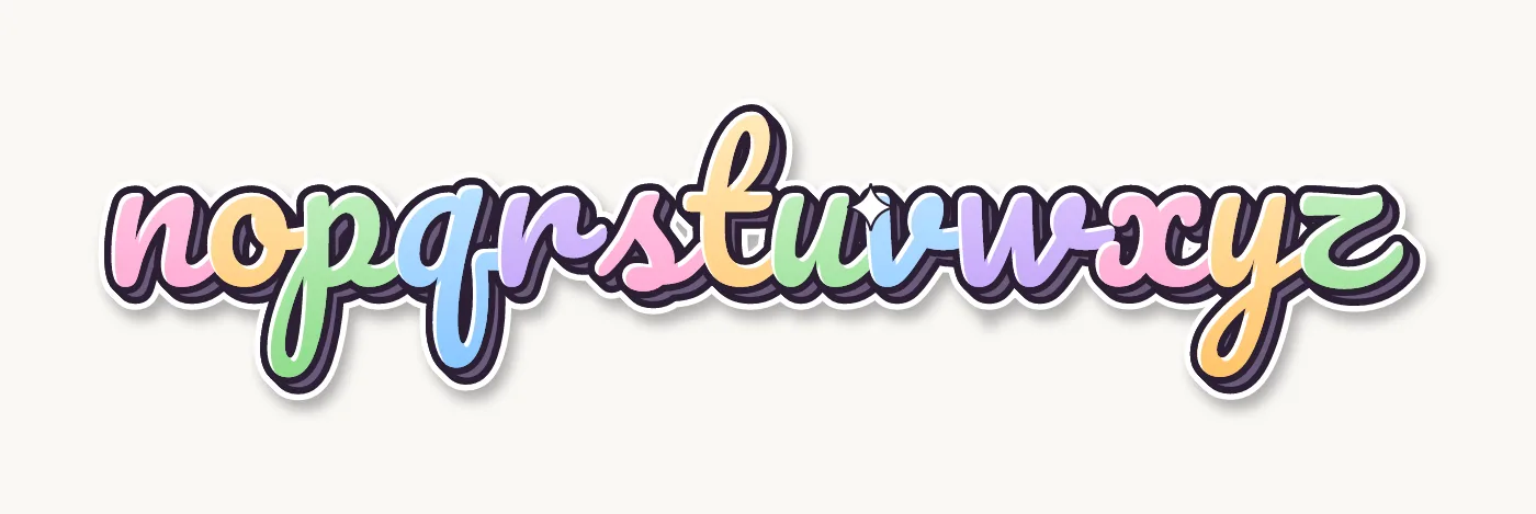 Cursive bubble letters lowercase alphabet n to z, joined script with a pink to purple fill