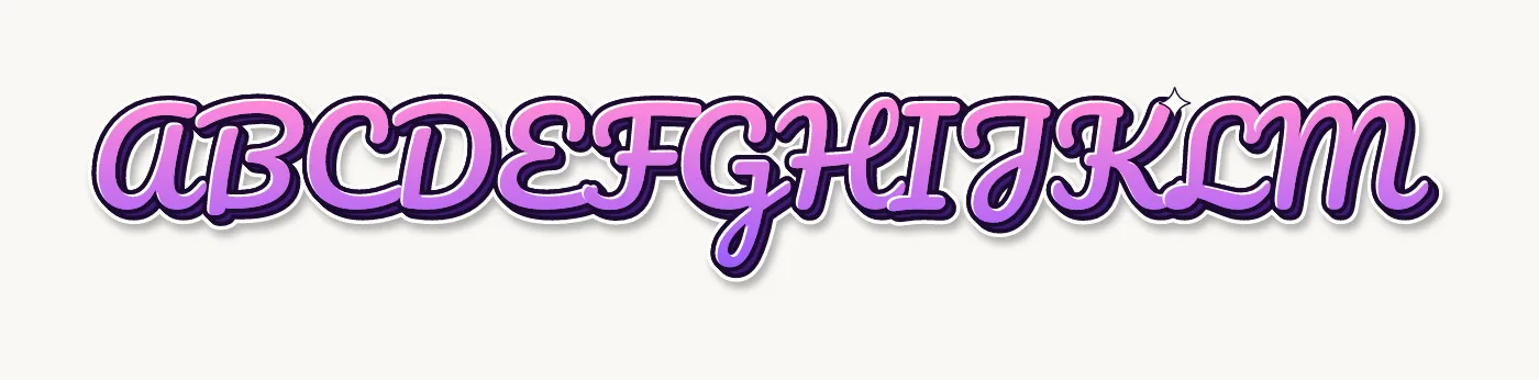 Cursive bubble letters capital alphabet A to M in round script with a glossy pink to purple fill