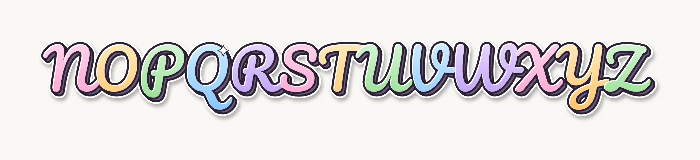 Cursive bubble letters capital alphabet N to Z in round script with a glossy pink to purple fill