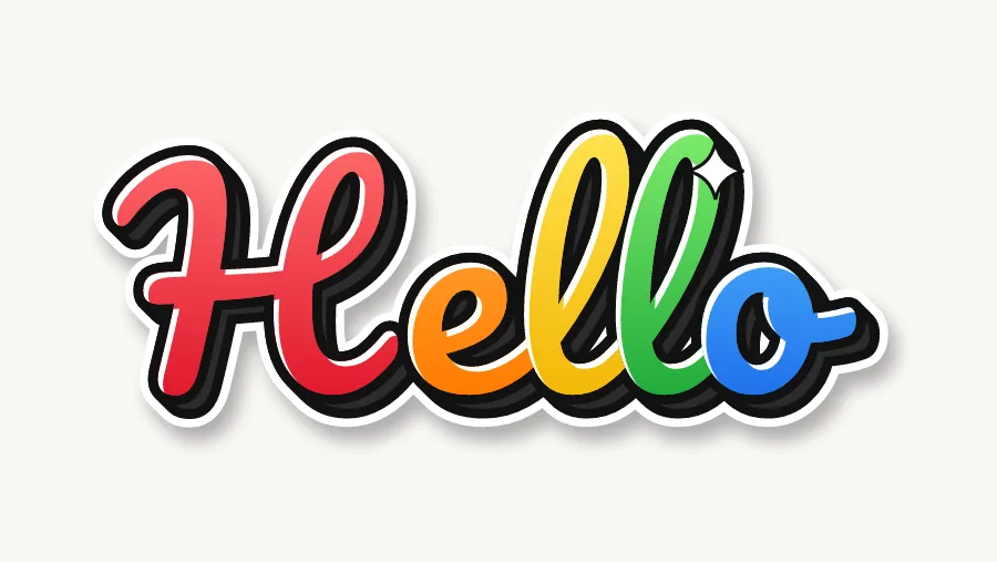 The word Hello in joined cursive bubble letters in candy pink and purple