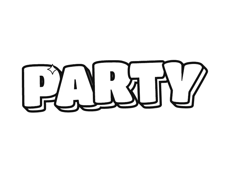 Gambar grafiti kata PARTY untuk diwarnai: huruf bubble bulat dari garis hitam, bagian dalamnya kosong