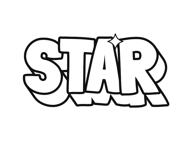 Gambar grafiti kata STAR untuk diwarnai: huruf tinggi dengan blok 3D yang digambar sebagai garis hitam