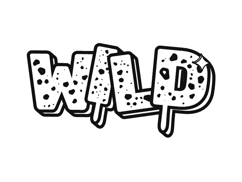 Gambar grafiti kata WILD untuk diwarnai: huruf wild style yang miring dan berbintik, garis hitam di atas putih