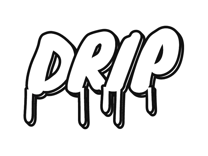Gambar grafiti keren hitam putih kata DRIP: huruf meleleh dengan tetesan cat dari garis hitam