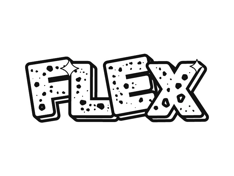 Gambar grafiti keren hitam putih kata FLEX: huruf wild style yang miring dan berbintik, garis hitam di atas putih