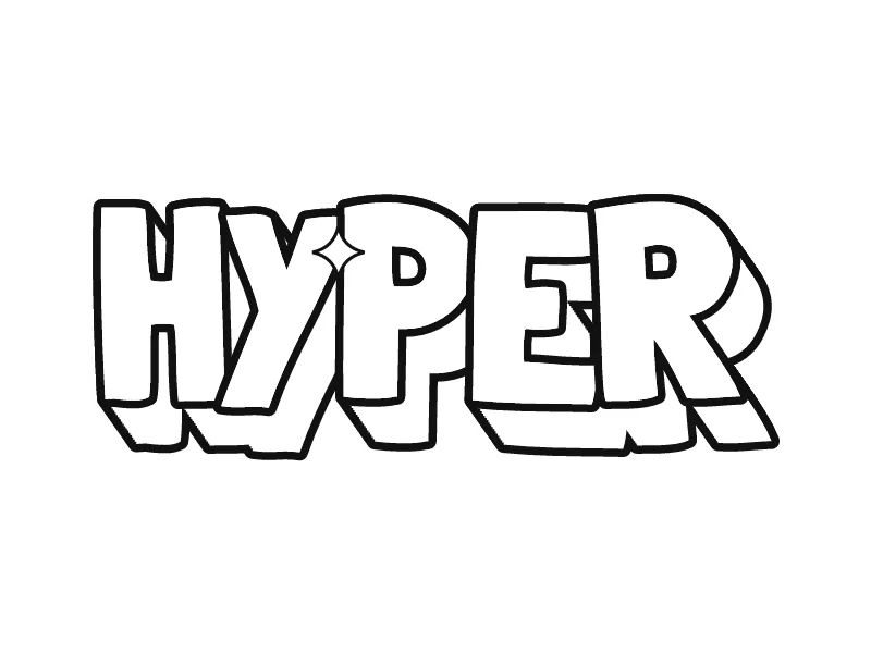 Gambar grafiti keren hitam putih kata HYPER: huruf tinggi dengan blok 3D yang digambar sebagai garis hitam