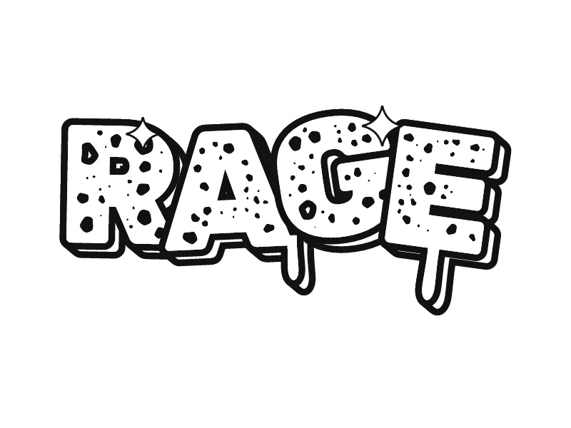 Gambar grafiti keren hitam putih kata RAGE: huruf wild style yang miring dan berbintik, garis hitam di atas putih