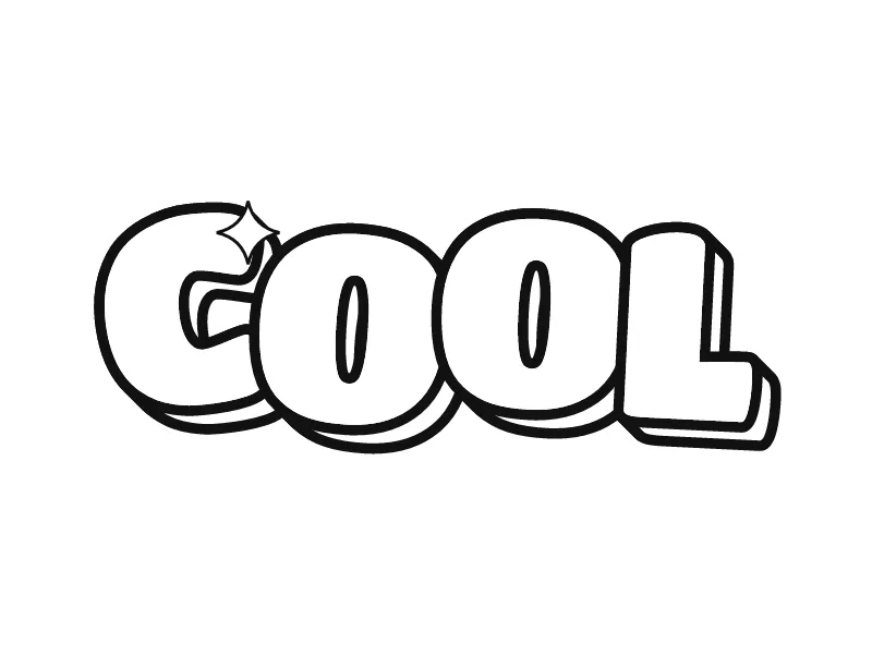 Gambar grafiti hitam putih simpel kata COOL: huruf bubble bulat dari garis hitam, bagian dalamnya kosong