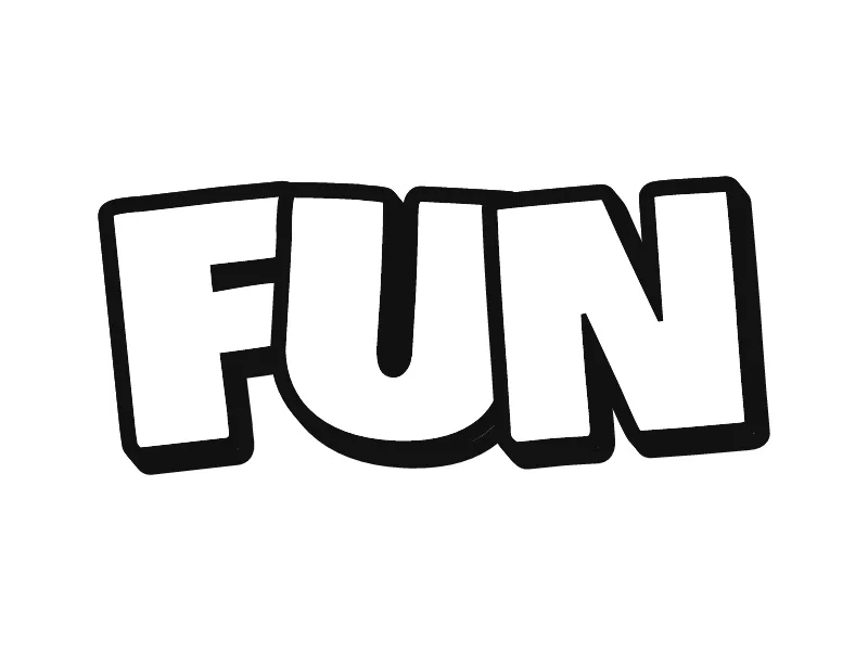 Gambar grafiti hitam putih simpel kata FUN: huruf throw-up gemuk dengan garis tepi hitam tebal dan isi putih