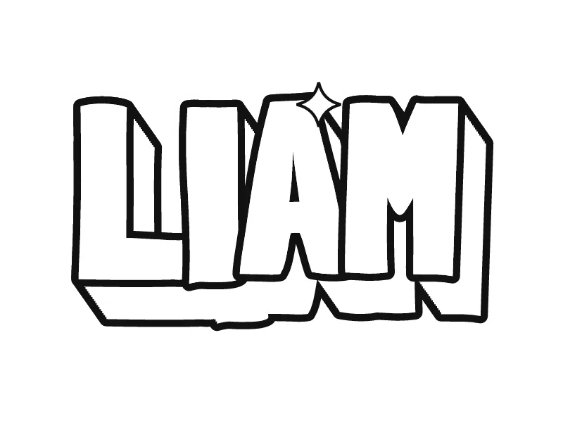 Sketsa grafiti nama LIAM: huruf tinggi dengan blok 3D yang digambar sebagai garis hitam