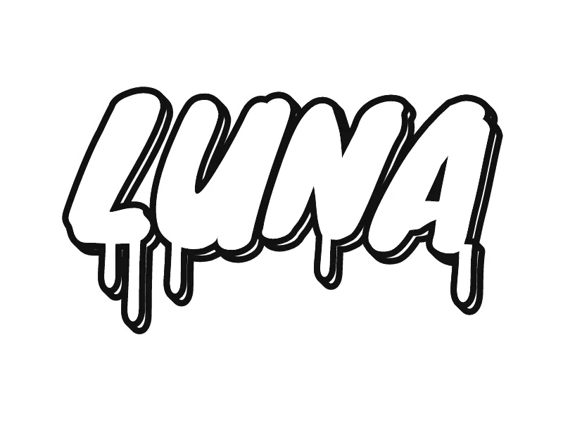 Sketsa grafiti nama LUNA: huruf meleleh dengan tetesan cat dari garis hitam