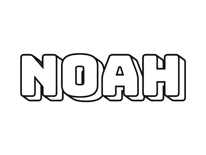 Sketsa grafiti nama NOAH: huruf blok kotak dengan sisi 3D, semuanya berupa garis hitam