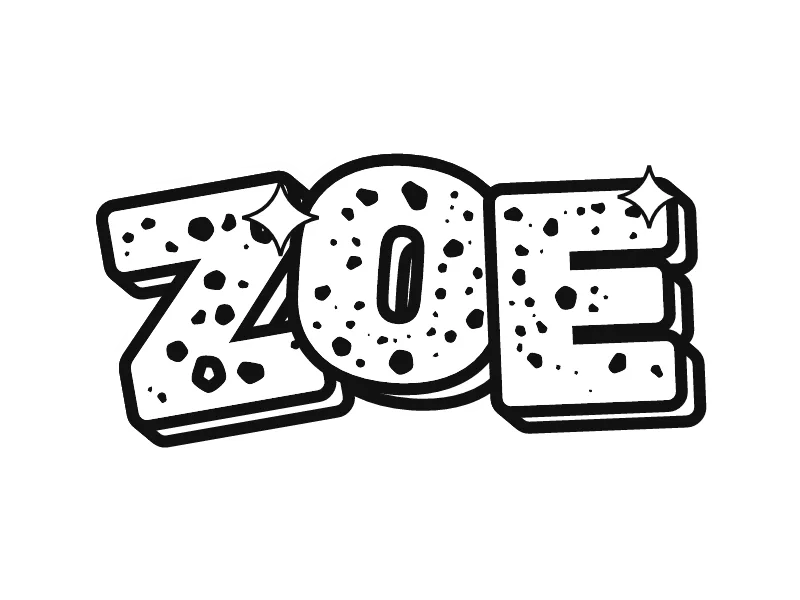 Sketsa grafiti nama ZOE: huruf wild style yang miring dan berbintik, garis hitam di atas putih