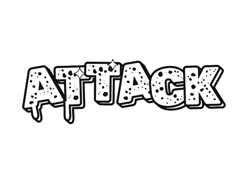 Gambar grafiti keren hitam putih kata ATTACK: huruf wild style yang miring dan berbintik, garis hitam di atas putih