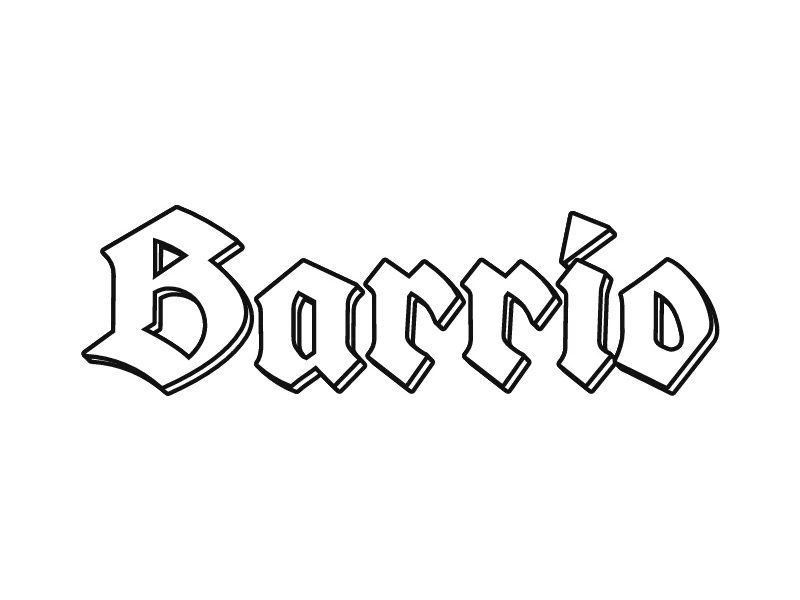 Gambar grafiti keren hitam putih kata Barrio: huruf gotik bersudut tajam dari garis hitam
