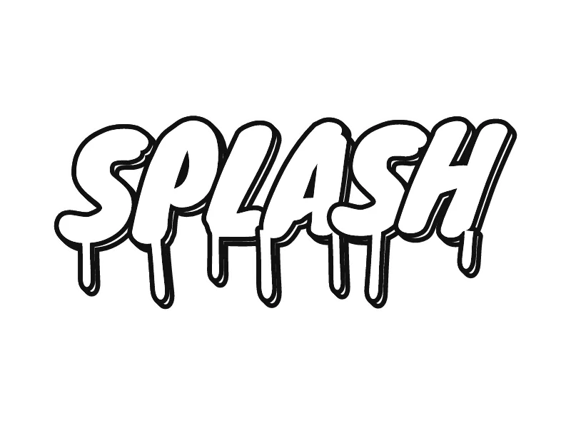 Gambar grafiti keren hitam putih kata SPLASH: huruf meleleh dengan tetesan cat dari garis hitam