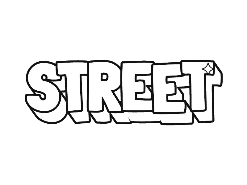 Gambar grafiti keren hitam putih kata STREET: huruf tinggi dengan blok 3D yang digambar sebagai garis hitam