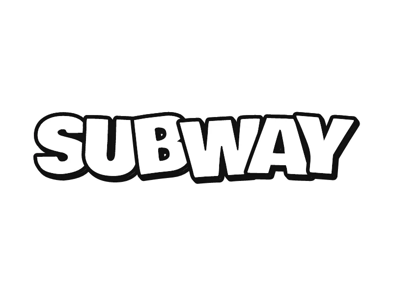 Gambar grafiti keren hitam putih kata SUBWAY: huruf throw-up gemuk dengan garis tepi hitam tebal dan isi putih
