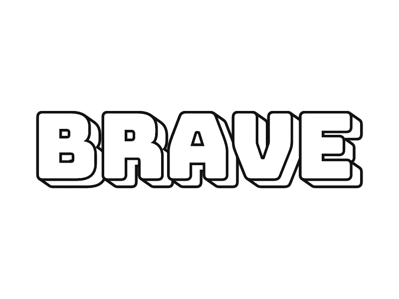 Gambar grafiti tulisan BRAVE versi hitam putih: huruf blok kotak dengan sisi 3D, semuanya berupa garis hitam