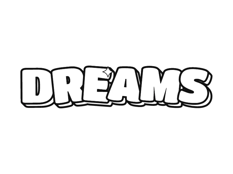Gambar grafiti tulisan DREAMS versi hitam putih: huruf bubble bulat dari garis hitam, bagian dalamnya kosong