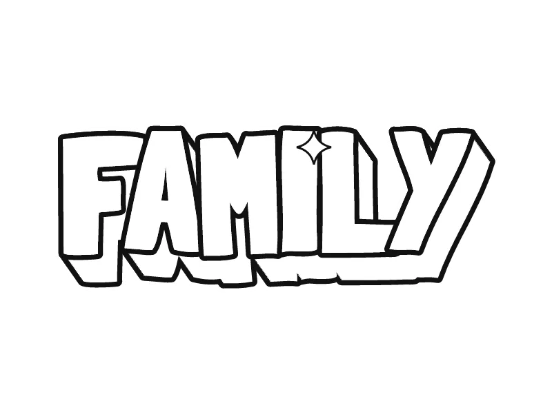 Gambar grafiti tulisan FAMILY versi hitam putih: huruf tinggi dengan blok 3D yang digambar sebagai garis hitam