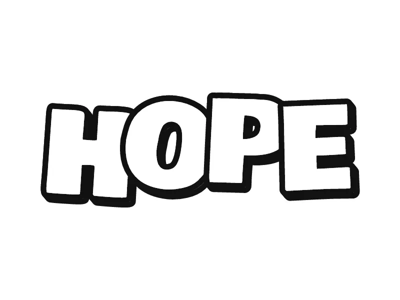 Gambar grafiti tulisan HOPE versi hitam putih: huruf throw-up gemuk dengan garis tepi hitam tebal dan isi putih
