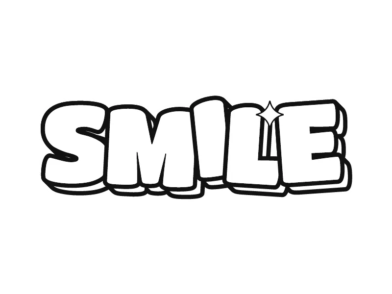 Gambar grafiti tulisan SMILE versi hitam putih: huruf bubble bulat dari garis hitam, bagian dalamnya kosong