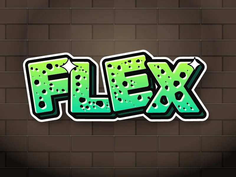 Kata FLEX dalam huruf grafiti wild style warna hijau di tembok malam