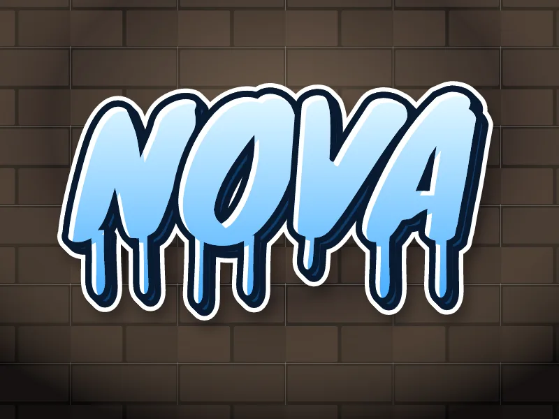 Icy blue dripping graffiti drawing of NOVA on a night wall