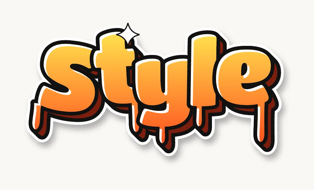 Langkah 6 menggambar grafiti: kata Style selesai dengan isi kuning oranye, blok 3D, kilau putih, dan tetesan cat