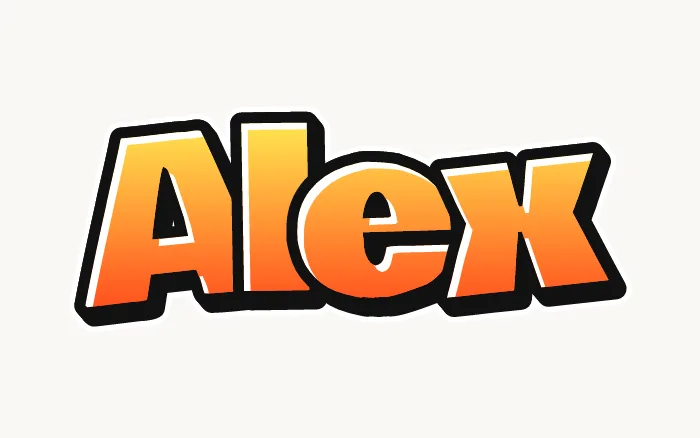 Nombre Alex en graffiti estilo bomba, relleno amarillo y naranja con contorno negro y un 3D corto rojo oscuro