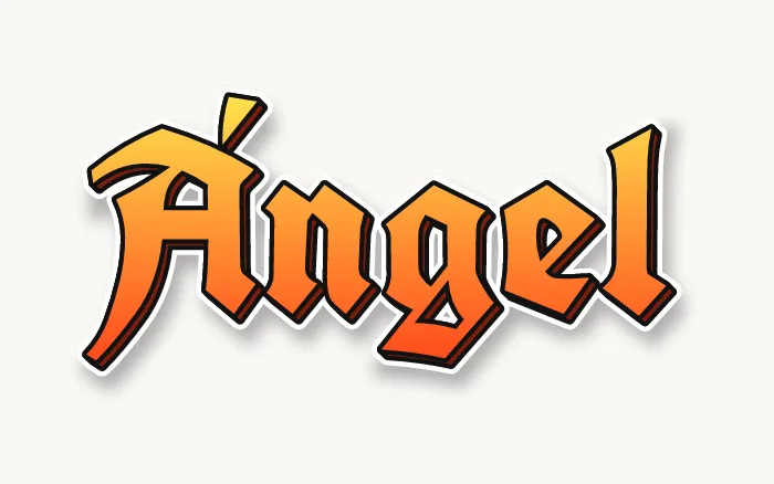 Nombre Ángel en graffiti estilo gótico, letra gótica amarilla y naranja con el acento sobre la A