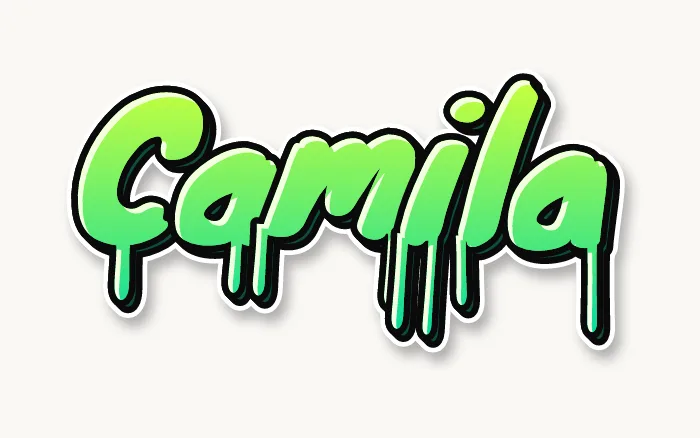 Nombre Camila en graffiti con gotas, letras de pincel verde limón que escurren pintura