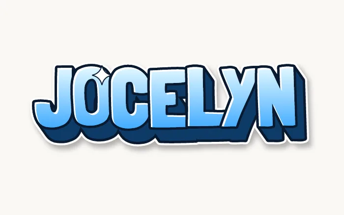 Nombre Jocelyn en graffiti 3D, mayúsculas azules empujadas hacia atrás con mucha profundidad