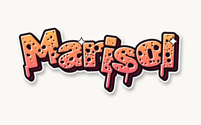 Nombre Marisol en graffiti wild style, letras naranjas y rosas encimadas con borde callejero