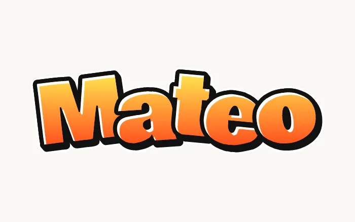 Nombre Mateo en graffiti estilo bomba, letras gordas amarillas y naranjas con contorno negro grueso